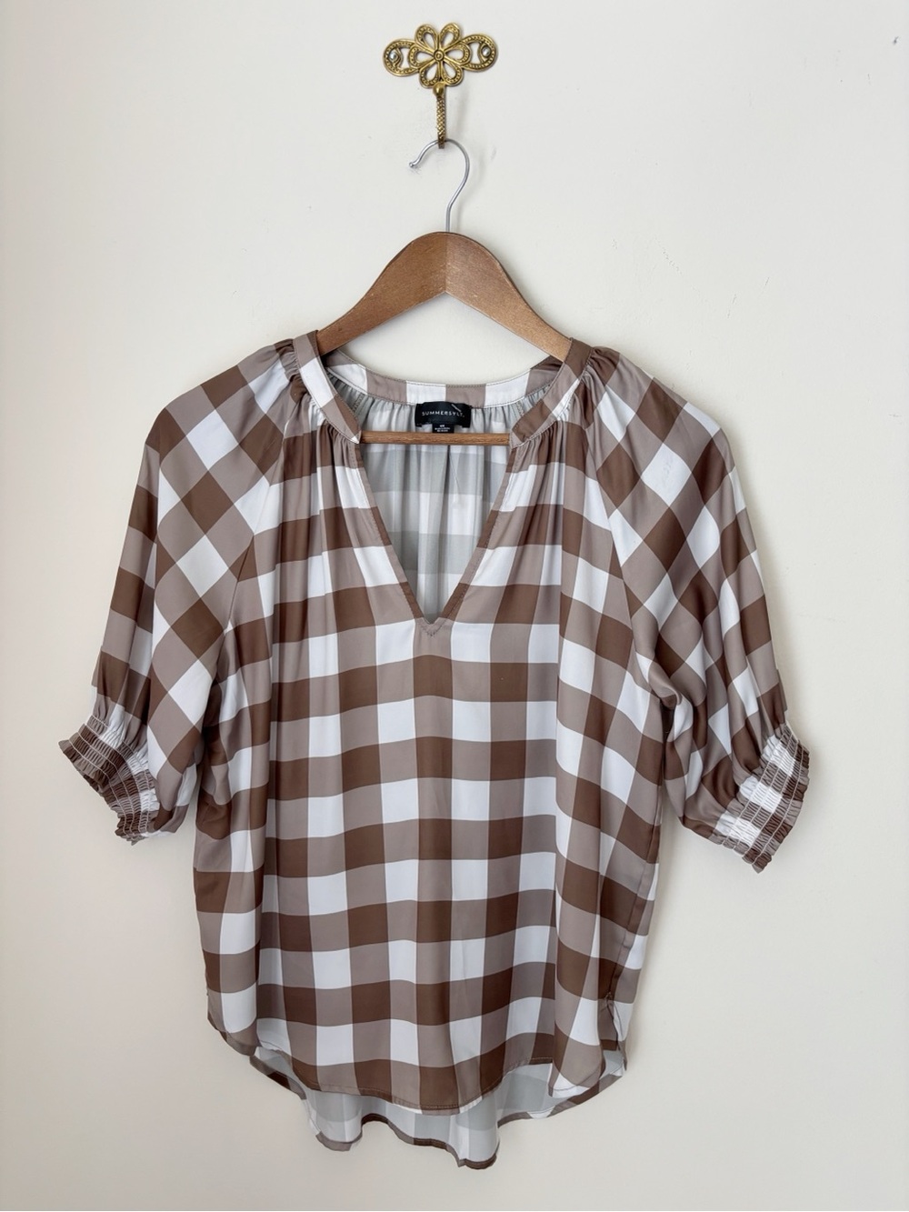Summersalt Brown & White Gingham V-Neck Blouse Small